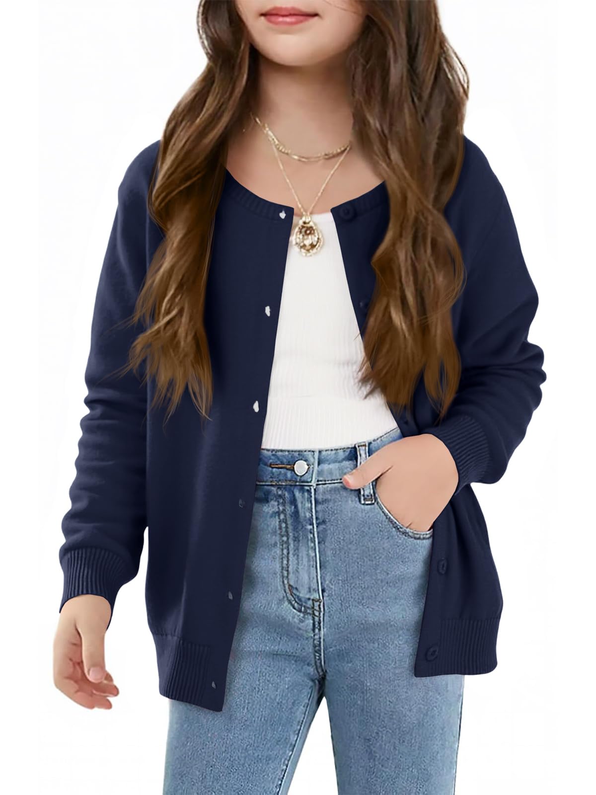 Haloumoning Girls Button Down Cardigan Kids Long Sleeve Crewneck Uniform Knit Sweater 5-14 Years