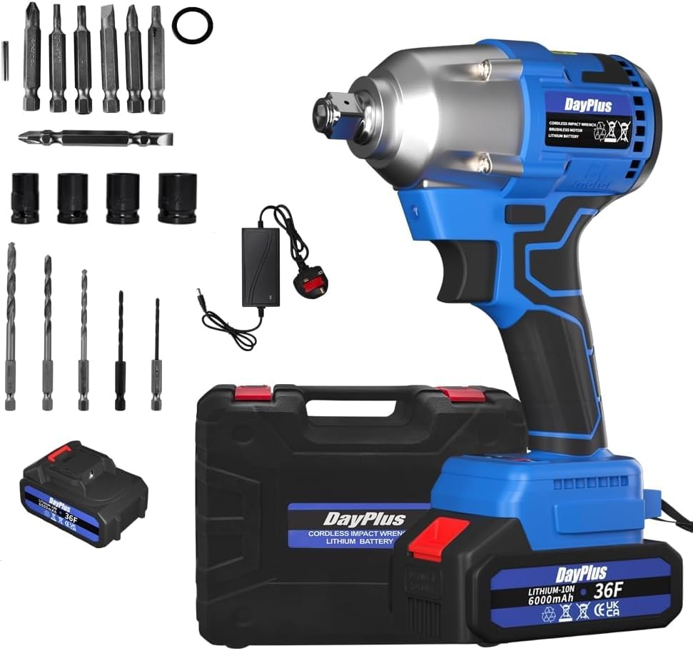 21V Cordless Brushless Impact Wrench, Power Impact Wrench 1/2 Inch Driver Impact Gun Electric Drill 420Nm High Torque, Variable Speed, with 6000mAh Battery, 4 Sockets, 12 Drill Bits, Carry Case