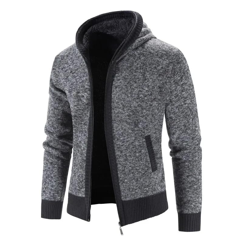 OFFSUM Cárdigan De Punto para Hombre - Moda Jacquard con Capucha Color Sólido Polar Grueso Cálido Patchwork Ropa Otoño Invierno Casual con Cremallera Prendas De Vestir Exteriores