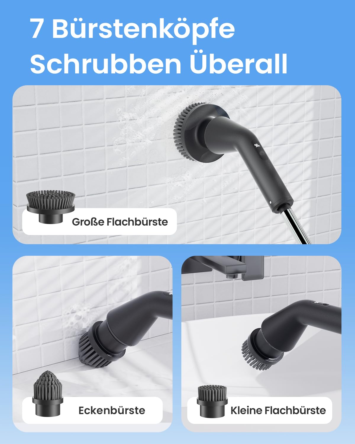Leebein Elektrische Reinigungsbürste, 2025 Neues Spin Scrubber, IPX7 wasserdichter und 7 Bürstenköpfen, ausziehbarem langem Griff und 2 Geschwindigkeiten, Schrubber für Badezimmer, Boden, Küche