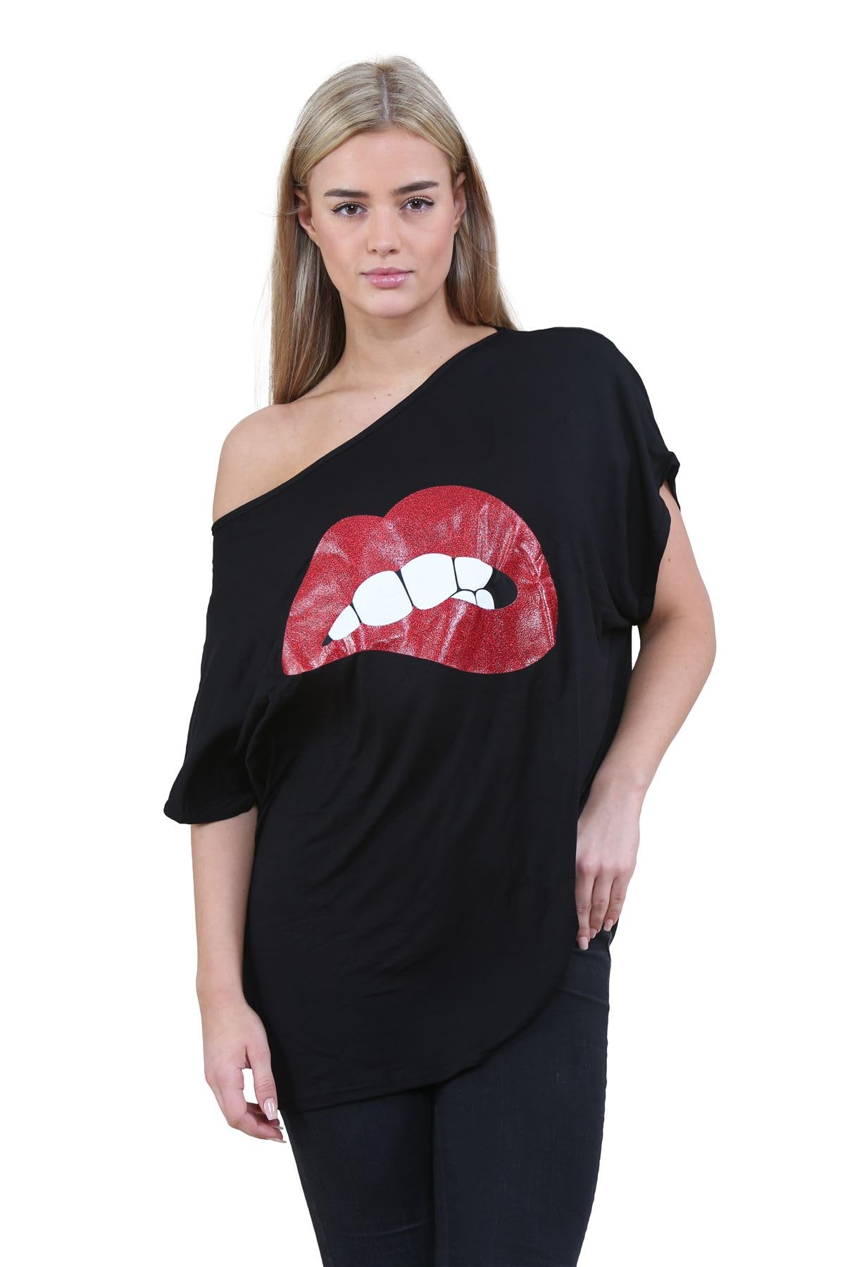 Hamishkane® Bardot Baggy Lagenlook Oversized T Shirt for Women - Slogan Printed Women's Off The Shoulder Batwing Top, Fashionable Going Out Tops for Women UK