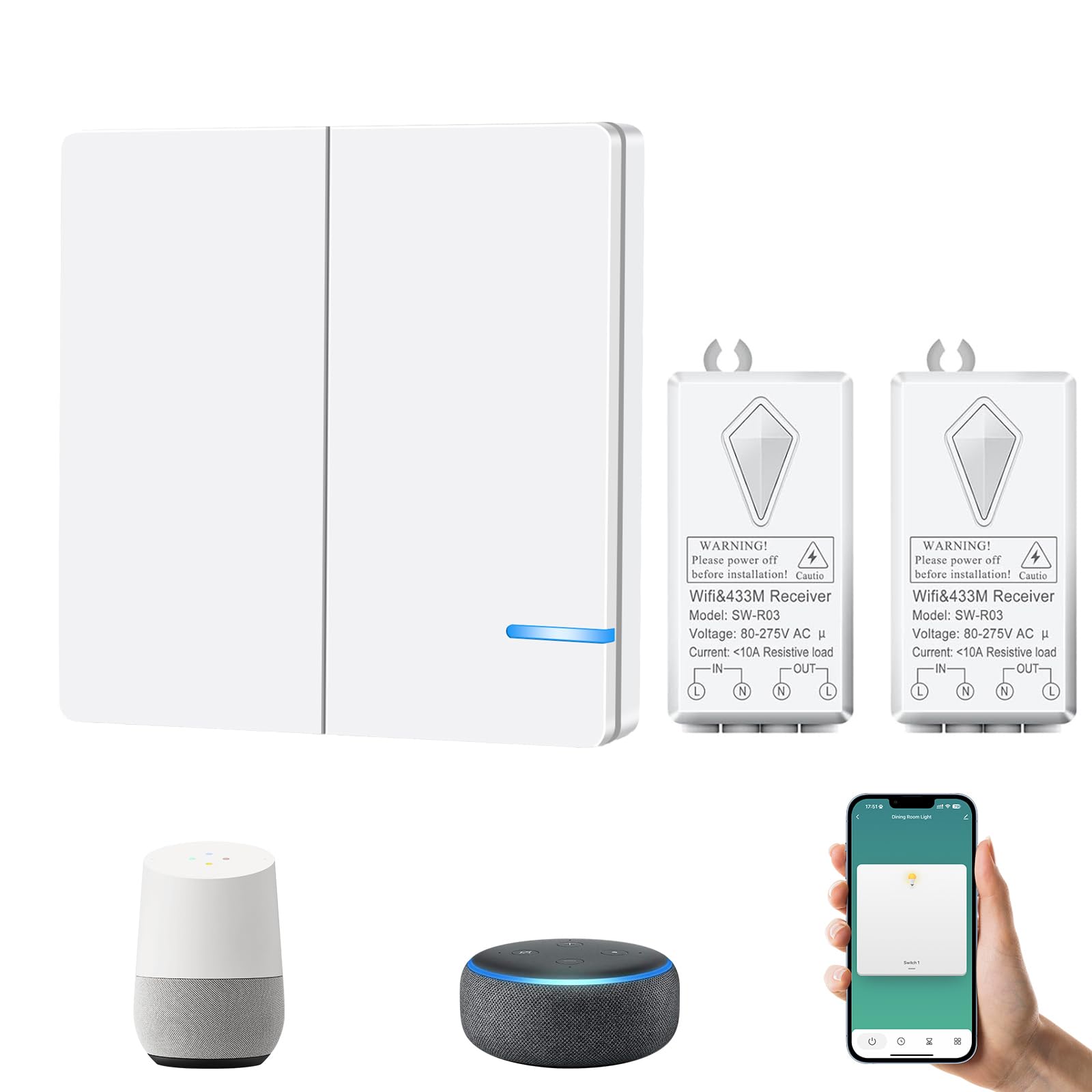 Nineleaf Smart Wifi Interruptor de Luz Pared Smart Interruptor Control Remoto para Lámparas y Dispositivos Interruptor de Pared Inalámbrico 2 Vías con 2 Receptores Compatible con Alexa, Google Home