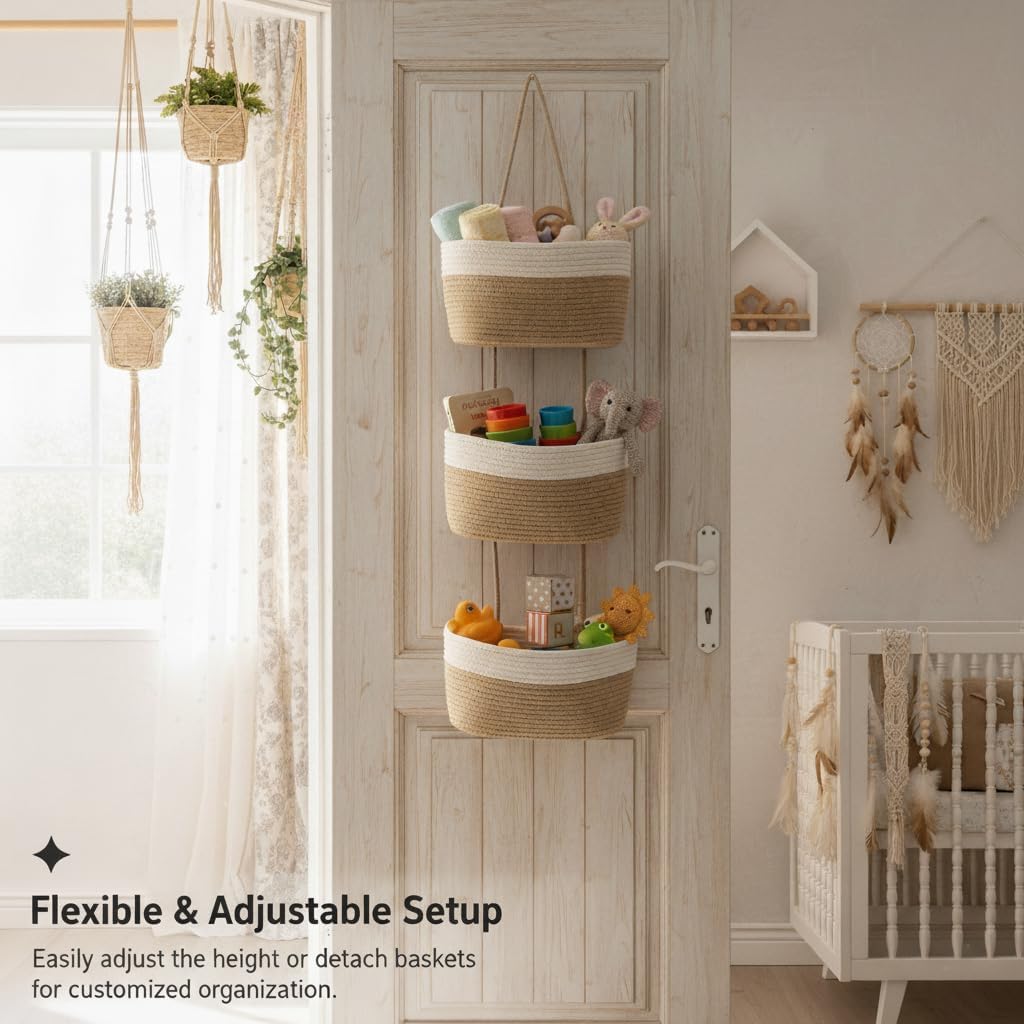 Hanging Wall Basket, Over the Door Hanging Basket with Hooks, 3-Tier Cotton Hanging Basket for Organizing, Decorative Boho Chic Decor for Wall, Bedroom, Living Room, Nursery, Whte & Jute - Image 4