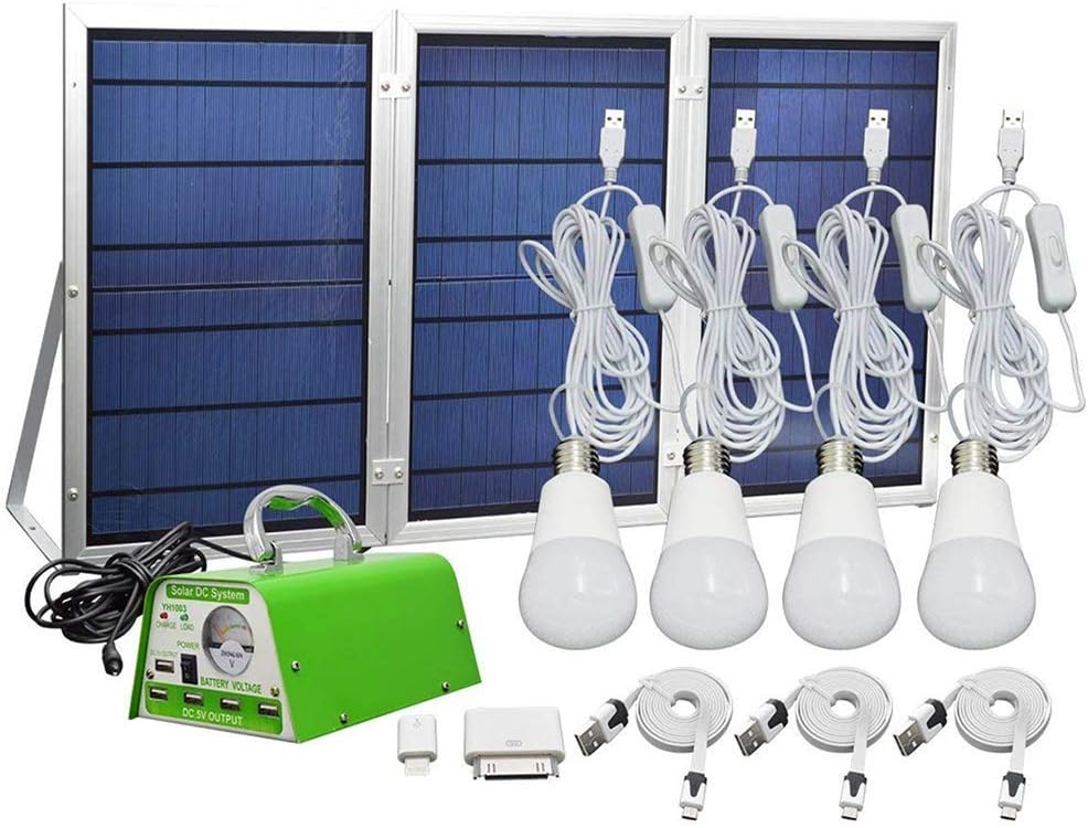 【Newest 30W Solar Panel】30W Off-Grid Solar Lighting System Kit with Portable Power 5 Mobile Phone USB Solar Charger 4 LED Light Bulb as Emergency Light for Patio Yard Garden Area