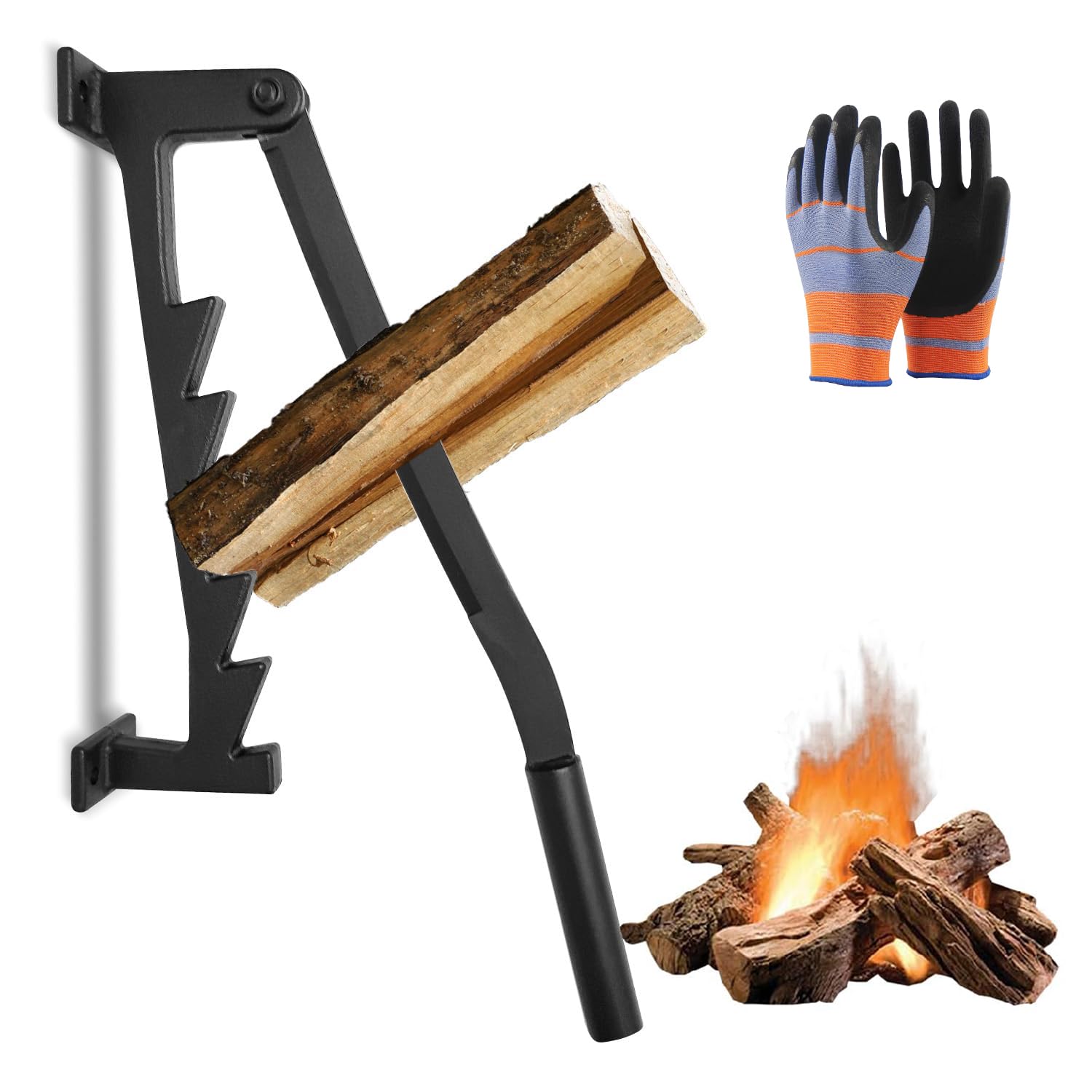 Cortador de Leña de Soporte de Pared, Cortadora de Troncos Manual, Divisor de Leña con Guantes para Camping, Picnic, Casa de Jardín, Negro