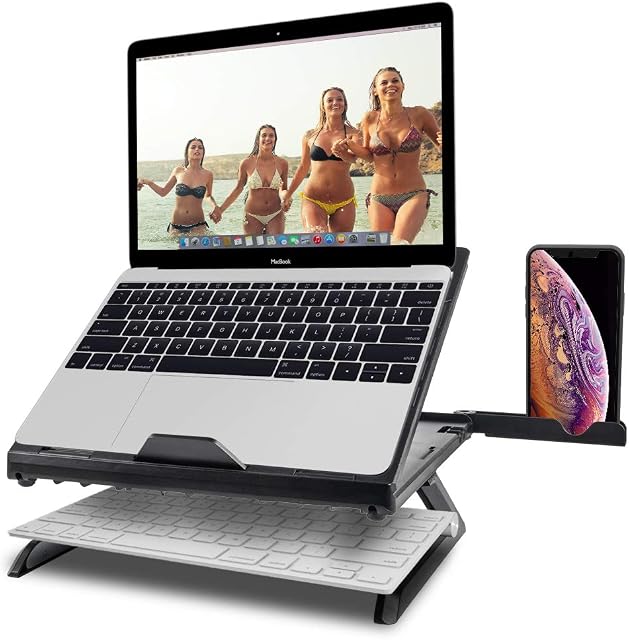 Laptop Stand Holder Laptop Riser with Phone Holder Portable Foldable 9 Levels Adjustable Ergonomic Notebook Riser Space save Stand Compatible with MacBook Pro Air 10-17 Inch (Black)