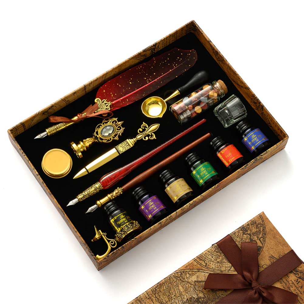 JAWSEU Stylo Dip à Plume Set, Plume Ecriture Stylo Calligraphie Plume à Encre Set avec 6pcs Encre, Stylo à Encre Rétro pour Signatures,Dessin,Ecriture,Décoration Et Cadeau