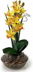 Orquídea Artificial no Vaso de Vidro - Luxo Realista para Sala, Escritório ou Presente Sofisticado (Amarelo)