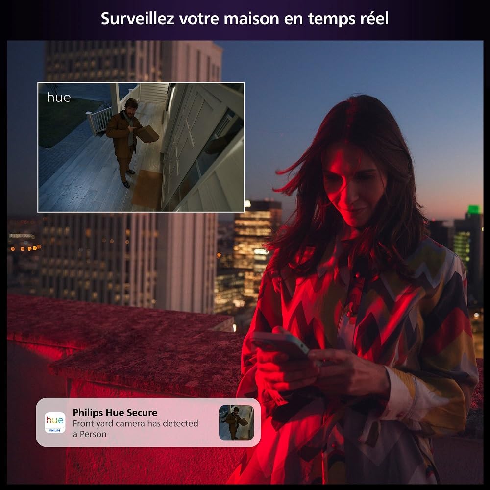 Philips Hue Secure batteriebetriebene Smart 1080p Home Sicherheitskamera, für drinnen oder draußen, Zwei-Wege-Gespräch, funktioniert mit dem Security Center in der Hue App, schwarz, 1er Pack