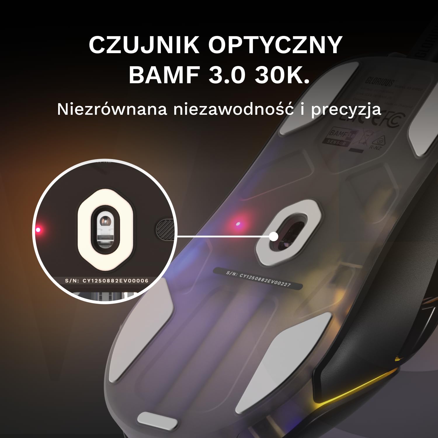 GLORIOUS Gaming – przewodowa mysz gamingowa Model O3 – Ultralekkie 54 g, przełączniki optyczne na 130M kliknięć, Sensor BAMF 3.0 z 30k DPI, śledzenie 750 IPS, akceleracja 50G, wszystkie chwyty, czerń