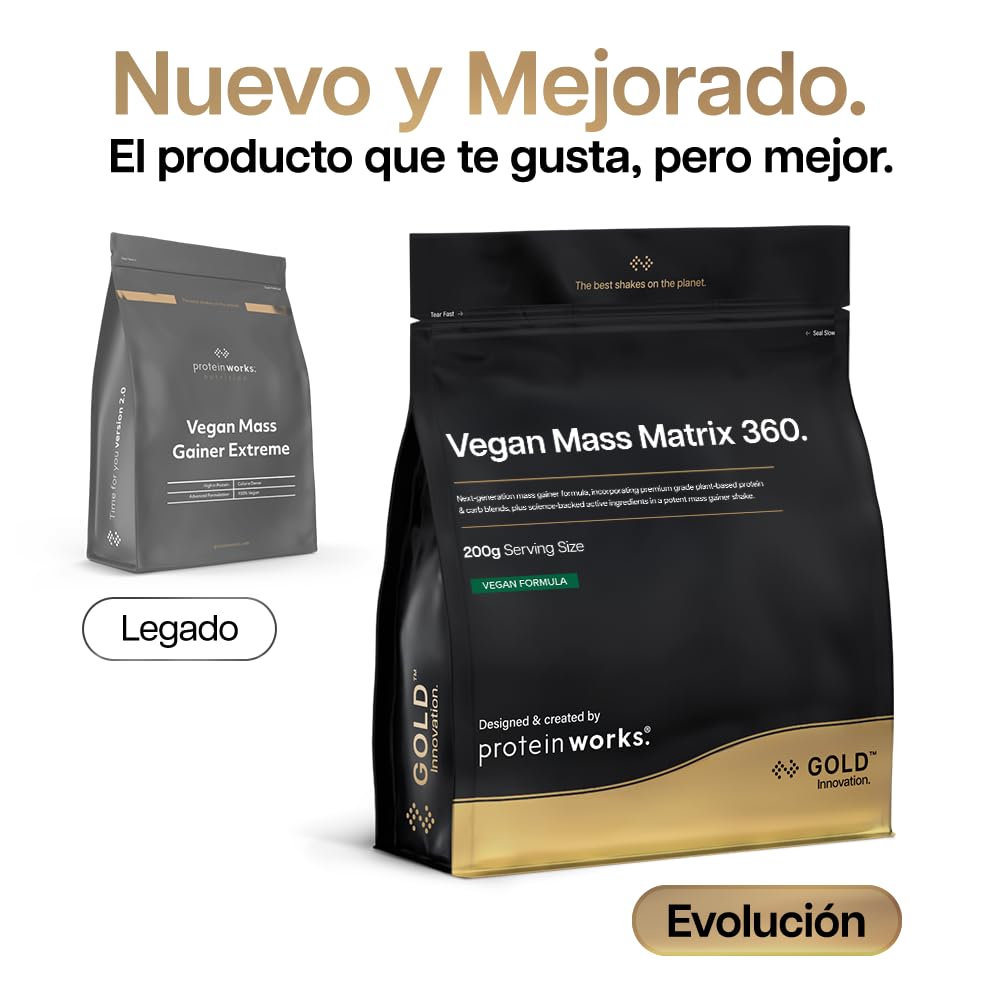 Protein Works | Vegan Mass Matrix 360 - Gold, Crema de Vainilla, 2 kg | Ganador de Masa Vegano, Suplemento para Aumento de Peso, Mezcla de Tres Proteínas, Aminoácidos, 10 Porciones