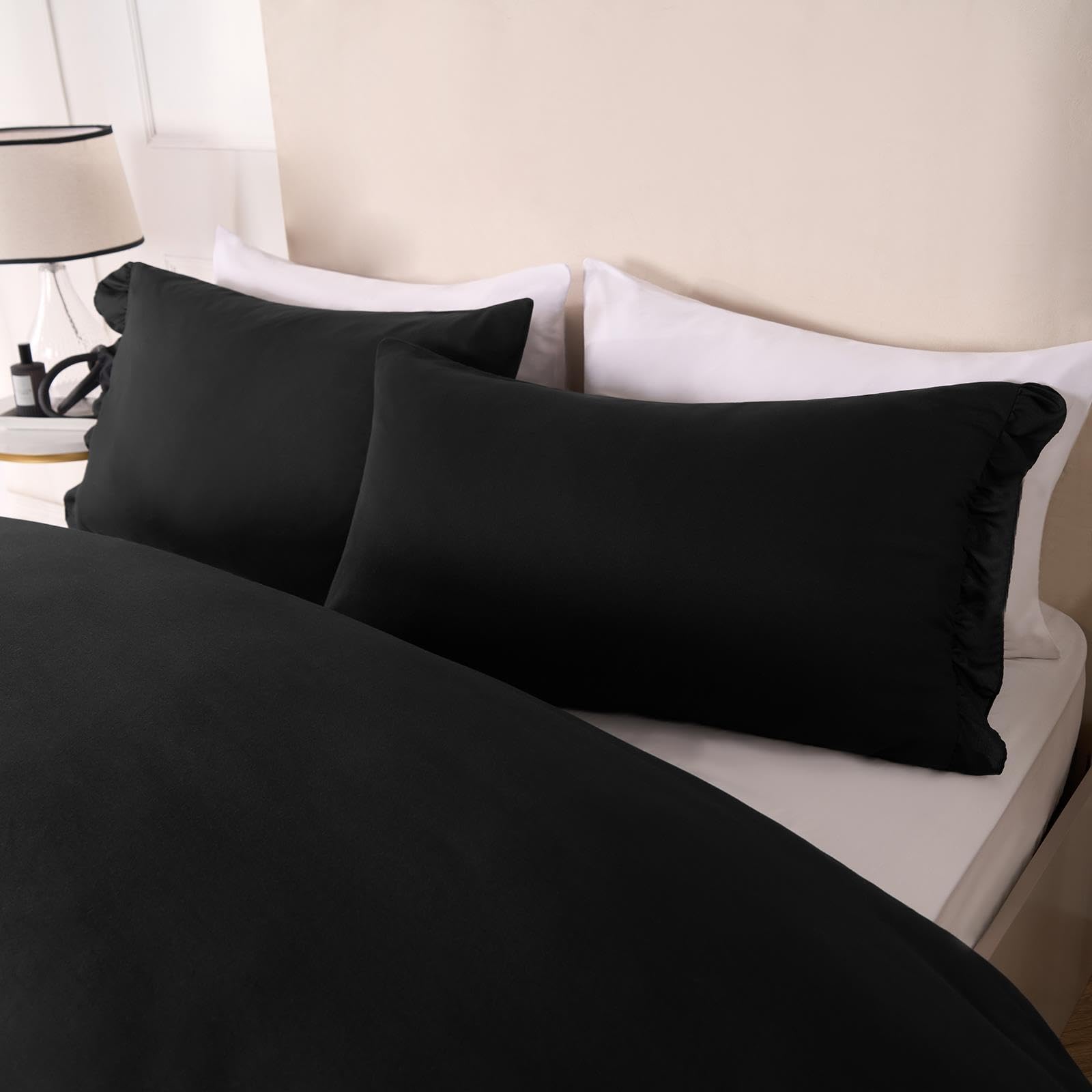 OHS Kingsize Frill Duvet Covers Set, Ultra Soft Cosy Fabric Quilt Covers Decorative Touch Frill Edge Design Microfibre King Size Bedding Set & 2 Pillowcases, Black โ image 1
