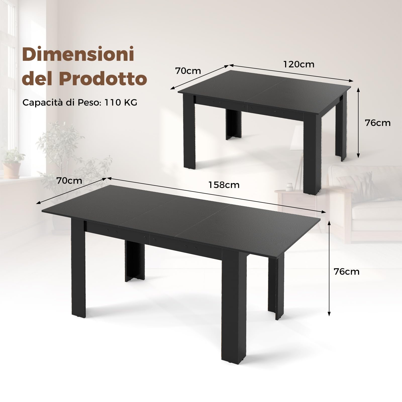 COSTWAY Tavolo Allungabile da Pranzo per 4-6 Persone, Tavolo Consolle Estensibile, Tavolo Moderno da Cucina, Soggiorno e Sala da Pranzo, 158 x 70 x 76 cm, Nero (Nero)