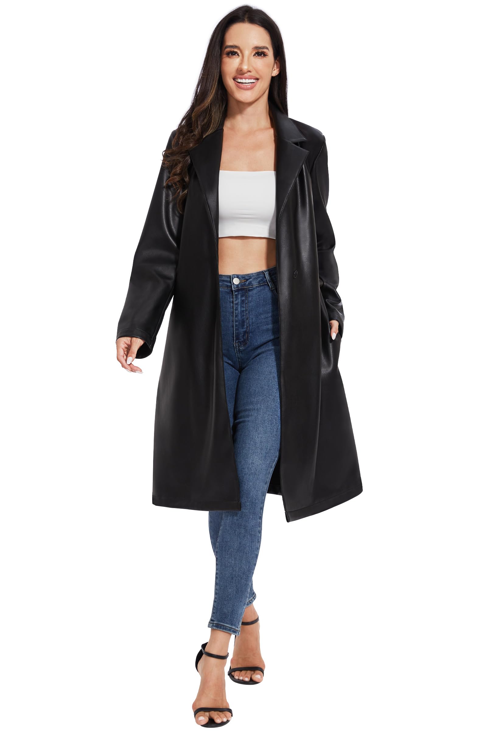 Fahsyee Damen Kunstlederjacke Trenchcoat Bikerjacke Mantel Lang Schwarz | Kunstleder PU im Bikerjacken-Stil, lang geschnitten, mit Gürtel zum Binden Knopfleiste