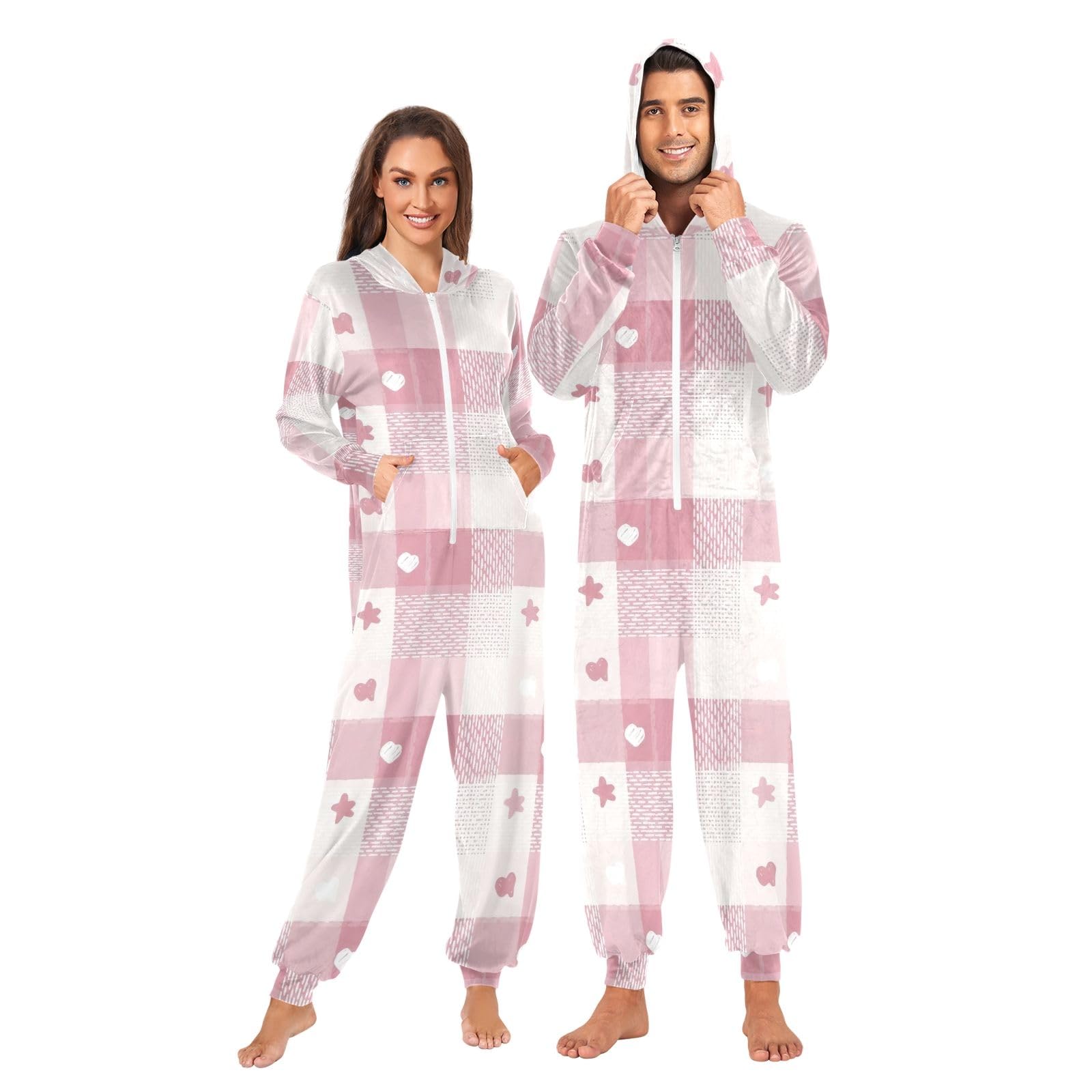 Pigiama a tutina per adulti rosa bianco, tuta in morbido velluto di cristallo, biancheria da notte invernale unisex per vacanze invernali