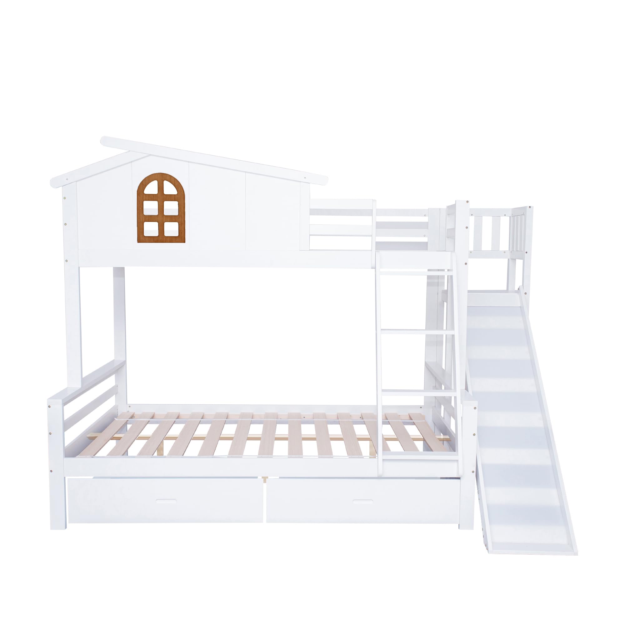 Letto a castello con finestre e scale ribaltabili a quattro livelli, bambini e letto madre con scivolo, telaio in legno massello bianco, 90 x 200 cm e 120 x 200 cm (letto a castello + 1 letto