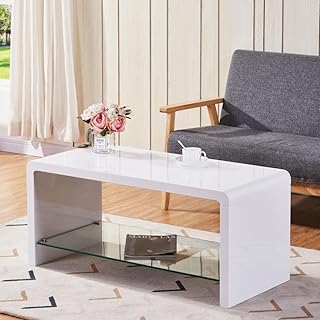 GOLDFAN White Gloss Coffee Table Center Tables for Living Room Coffee Table with Glass Storage Modern Rectangle Side Table Home Office Furniture/100cm