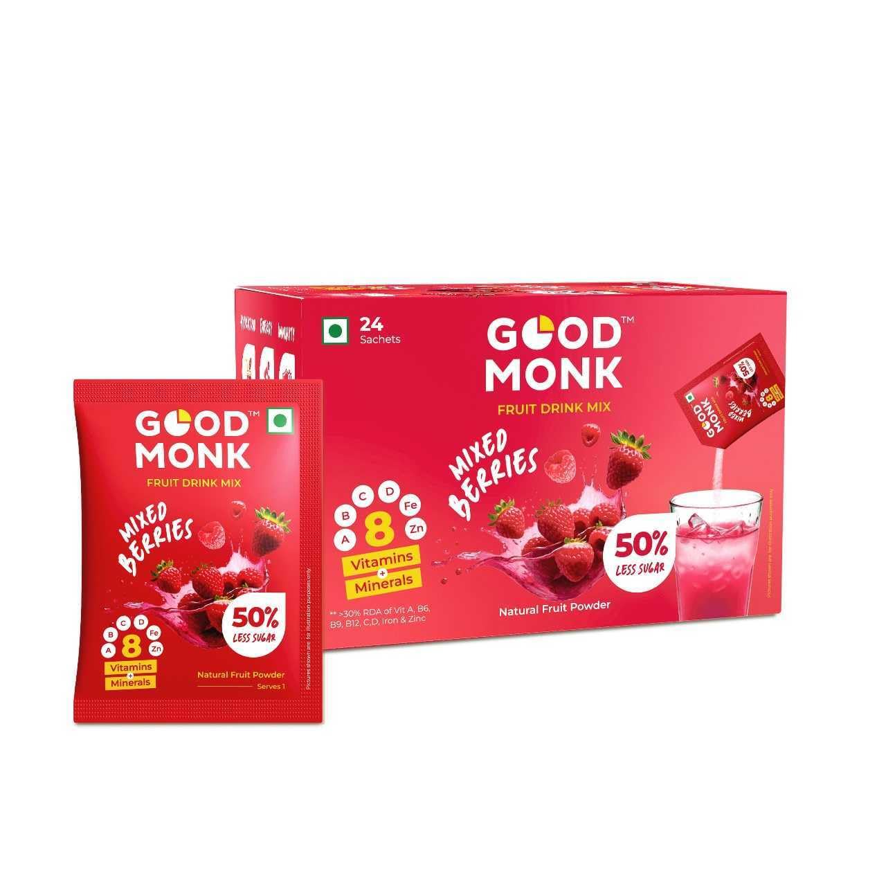 Good Monk Fruit Drink Mix (Natural Mixed Berries Powder), 50% Less Sugar with 8 Vitamins & Minerals (Vitamin B12, C, D, Iron & more) | Tasty & Healthy Mix for Hydration, Energy, Immunity, 24 Sachets (B0D22KCMV4) Amazon Price History, Amazon Price Tracker