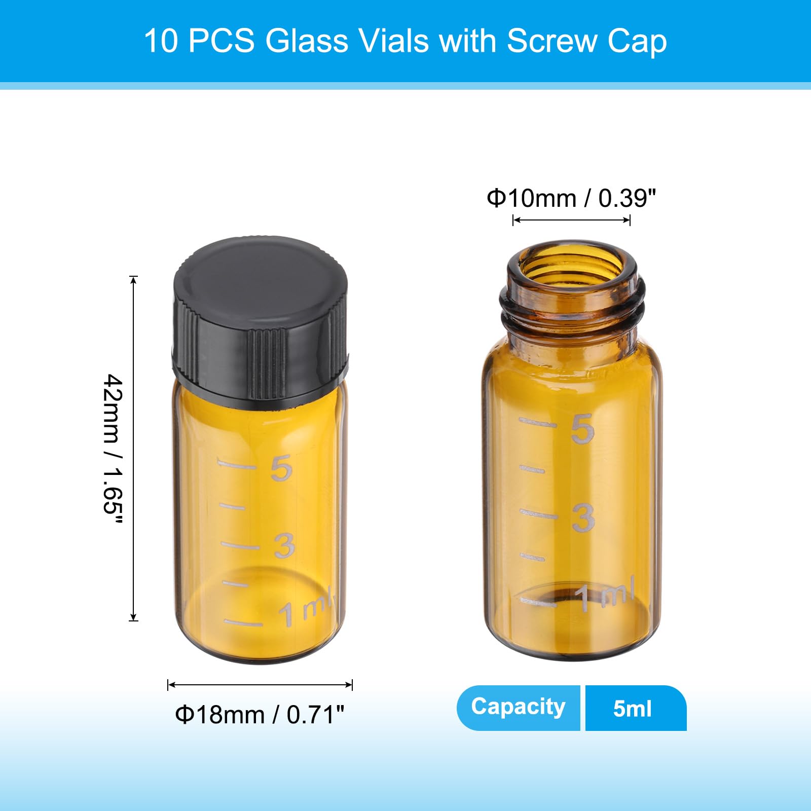 PATIKIL 10pcs 5ml Small Brown Glass Vials with Black Screw Cap, Borosilicate Glass Graduated Sample Bottles for Solid Liquid Powder Storage