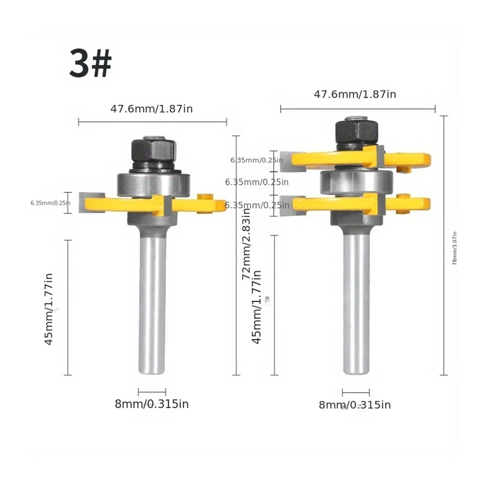 2 szt. Zestaw bitów frezarskich z chwytem 1/4"/8 mm/1/2" 3 zębami i rowkiem T - Frez do wpustów na język podłóg drewnianych/stolarki panelowej‌