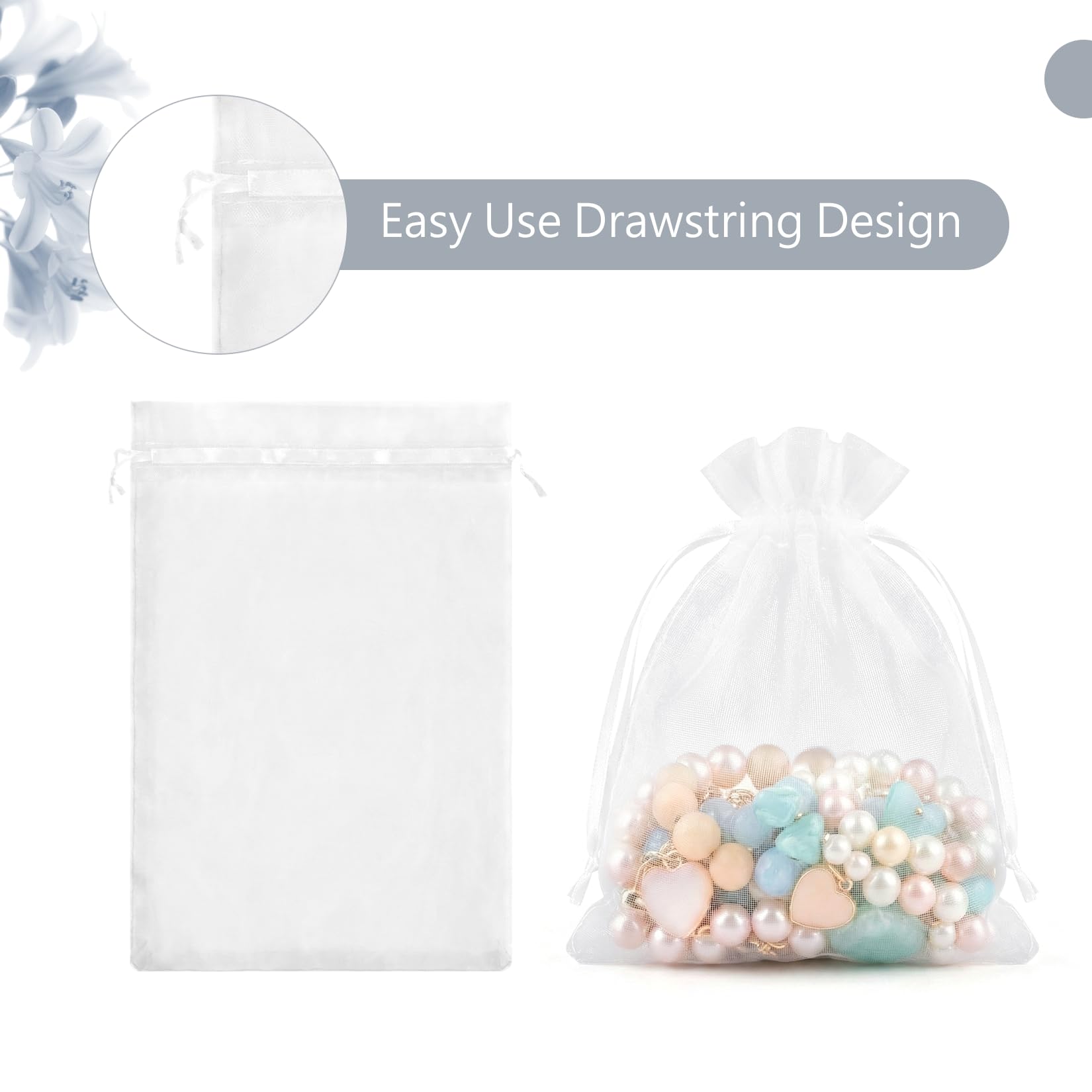 FUNFERY 100 Pcs White Organza Bags 3x4 in, Small Mesh Drawstring Gift Bags for Sachet, Jewelry, Wedding Favor, Candy Goodie Treat Bag,Easter Day