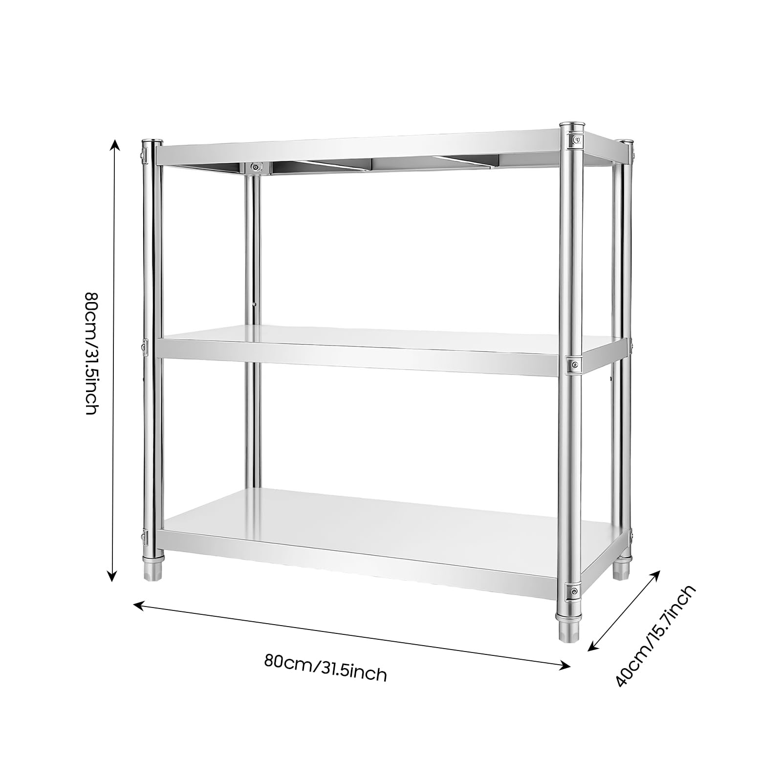 Estantería de acero inoxidable con 3 estantes, 80 x 80 x 40 cm, para cargas pesadas, 30 kg, para uso en despensas, gastronomías