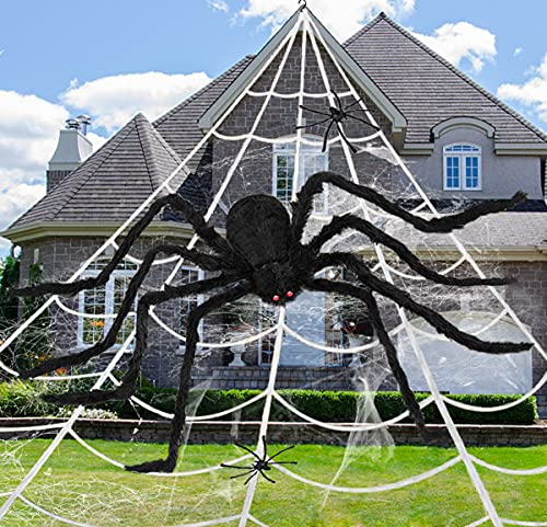 Halloween Spider Decorations,50" Giant Spider Decorations,200" Halloween Spider Web Decor Outdoor,Scary Fake Spider and Huge Spider Webs Halloween Decorations for Home Party Yard House Decor