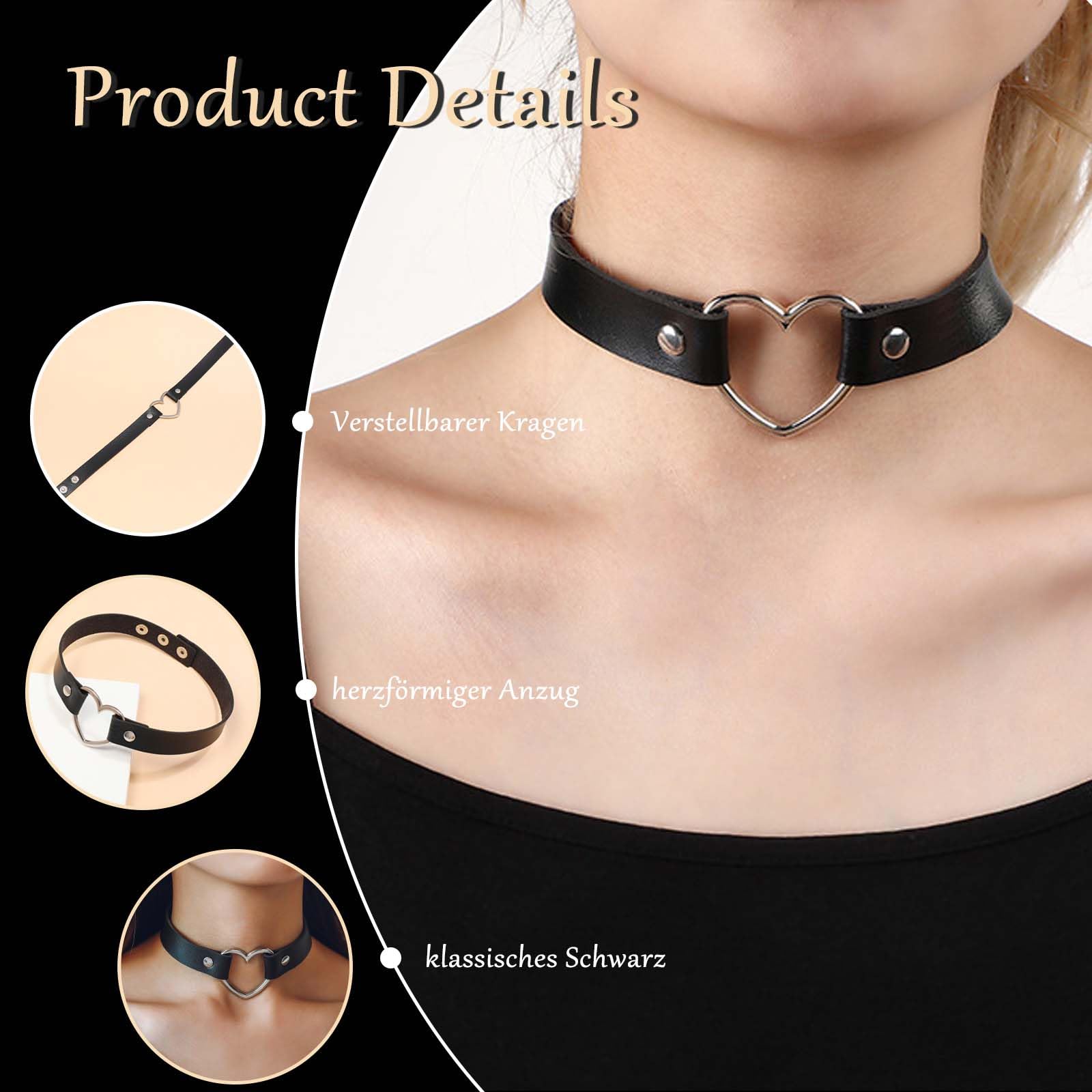 Biżuteria punkowa choker w kształcie serca, styl punk, gotycka skóra PU, naszyjnik z możliwością regulacji, elegancki naszyjnik, naszyjnik typu choker, czarny, stop z zapięciem dla kobiet i mężczyzn,