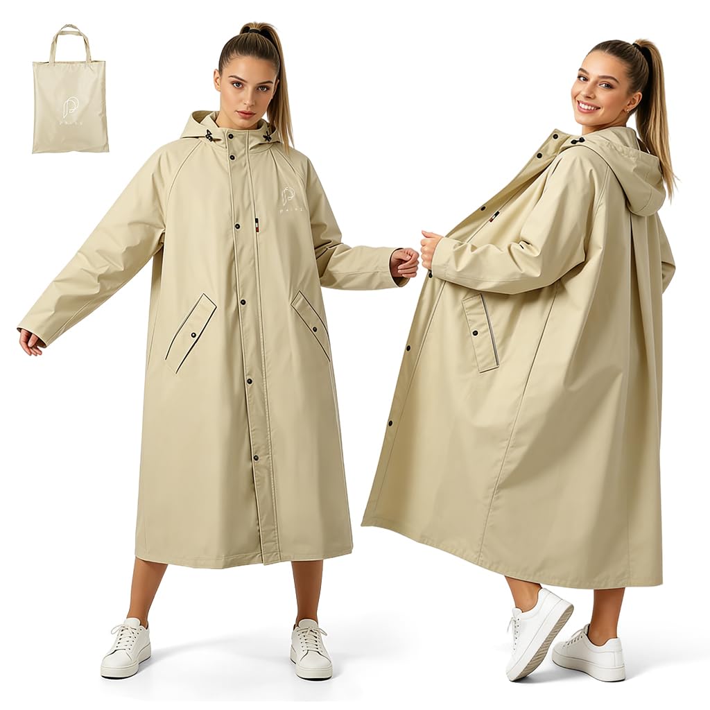 Raincoat for Women Men Waterproof Full-Length Hooded Rain Jacket Beige Long Oversized Rain Poncho with Snap-Button&Pockets Lightweight Reusable Trench-Style Rainwear for Hiking, Travel, Riding