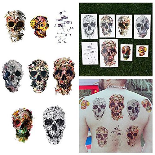 Tattify Various Skull Temporary Tattoos - Putting Our Heads Together (Set of 16 Tattoos - 2 of each Style) - Individual Styles Available - Fashionable Temporary Tattoos