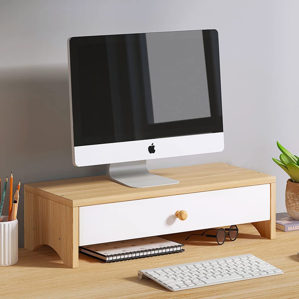 Yur White Wooden Monitor Stand Riser With Drawers- Computer Screen Riser,Tv Laptop Printer Stand,Desktop Storage Organiser,Monitor Riser Shelf