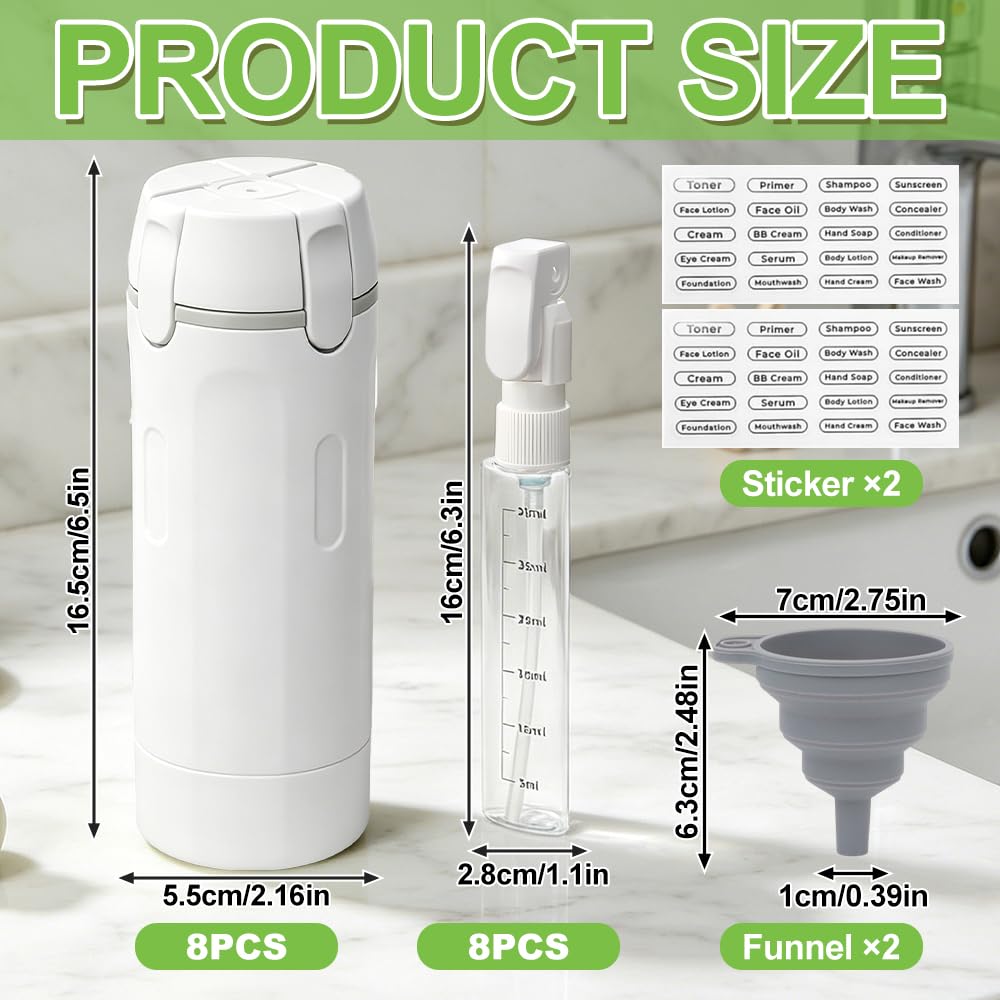 4 In 1 Reisespender, HOVCEH 2 Stück 4In1 Reise Spenderflasche, 8 * 30 ml 4 In 1 Travel Bottle Dispenser mit Skala 2 Trichter, und Etikett für Shampoo, Lotion, Conditioner, Duschgel (2pcs Weiß)