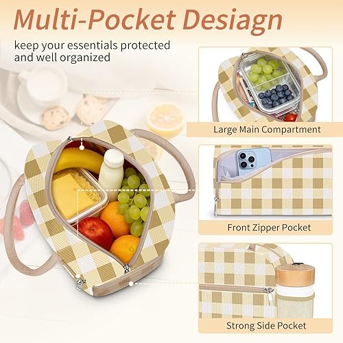 Miniatura 7 de Coobiiya Bolsa de almuerzo para mujeres y hombres, lindas bolsas de almuerzo de corduroy con aislamiento térmico reutilizables, bolsa de almuerzo de