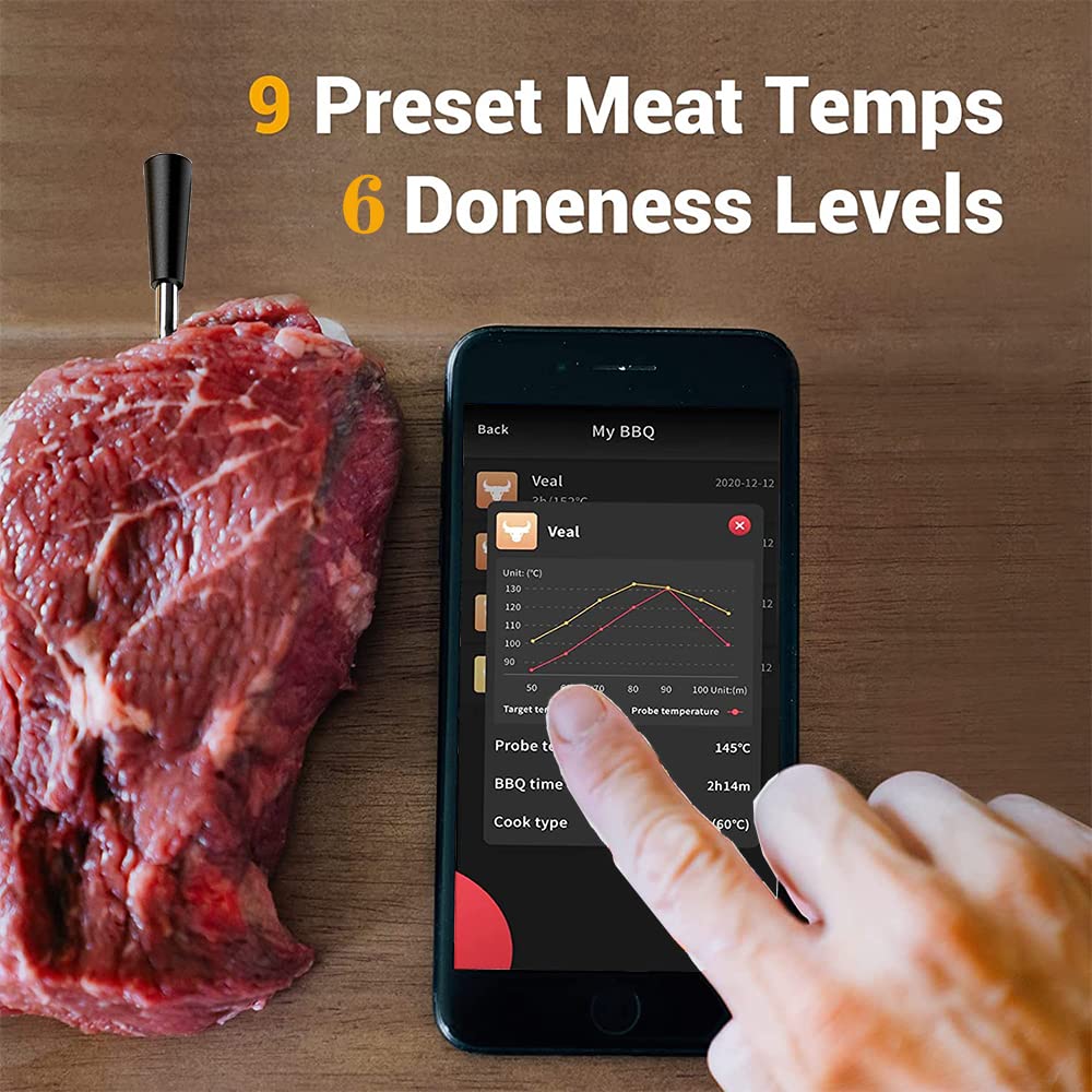 Bluetooth Meat Thermometer with Probe – IP68 Waterproof/Oilproof/Shockproof | ±0.5°C High Accuracy | 80m Wireless Range | for Grilling, Smoking, Oven & Air Fryer