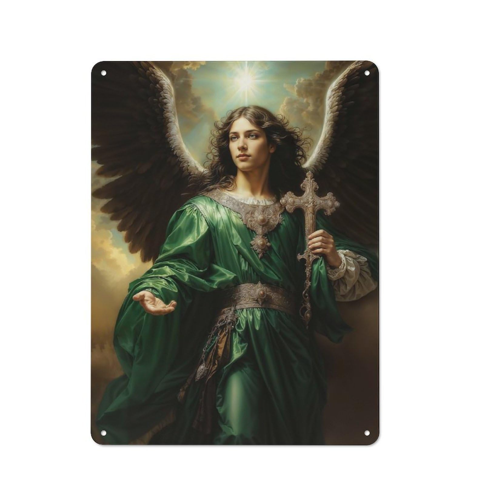 Archangel Raphael in Green Robe with Cross Retro Metal Wall Decor 40x30cm, Vintage Metal Sign for Coffee Bar, Small Shop Or Dining Room