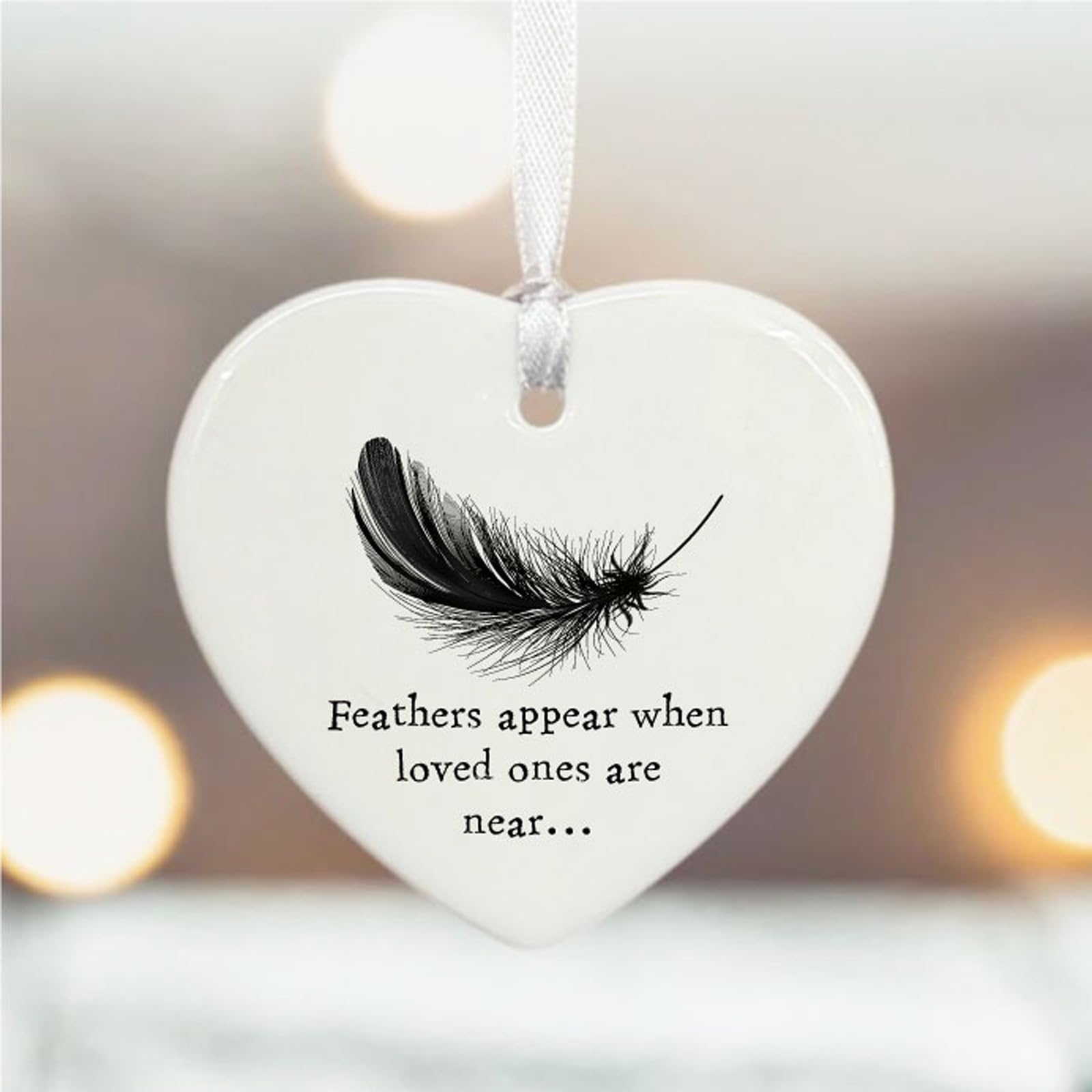 Personalised Porcelain Hanging Heart Ornament, Feathers Appear Words, Thinking Of You Keepsake, Condolence Gift For Family Friends