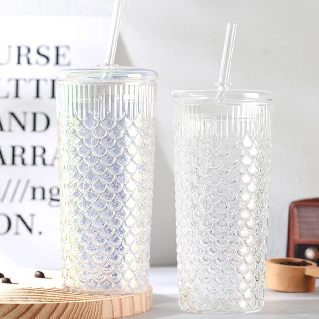 Exquisite Creative Glass Cup with lid and Straw iced Coffee Glasses Juice Beverage Glasses Tea Mug Drinking Cups Travel Cup 750ml Practical