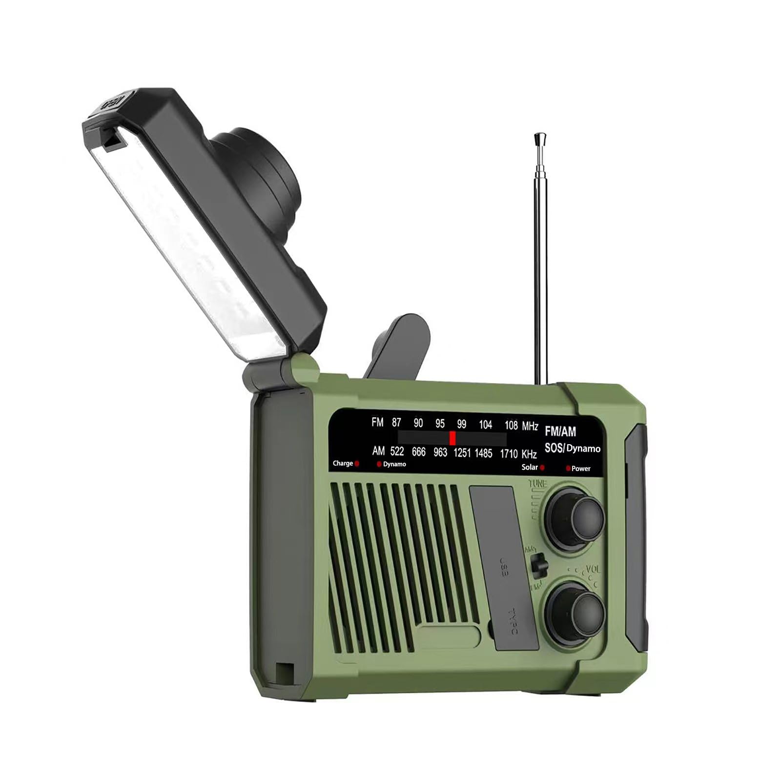 Radio de Emergencia Am/FM Radio Solar de grieta de Mano Alarma SOS operada por batería y Linterna de Emergencia (Verde)