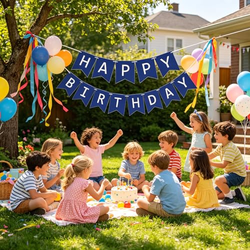 Image of Fecedy Navy Blue Happy Birthday Bunting Banner Pre-Strung No DIY for Birthday Party Decorations