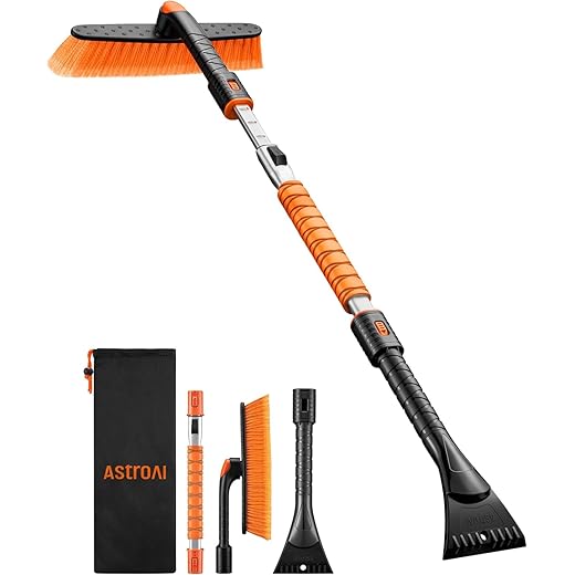 AstroAI 47.2" Ice Scrapers for Car Windshield and Extendable Snow Brush with Foam Grip and 360° Pivoting Brush Head for Auto Car Truck and SUV(Orange)