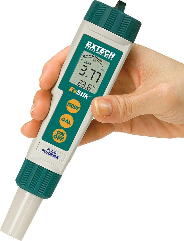 Hand holding Extech FL700 Fluoride Meter