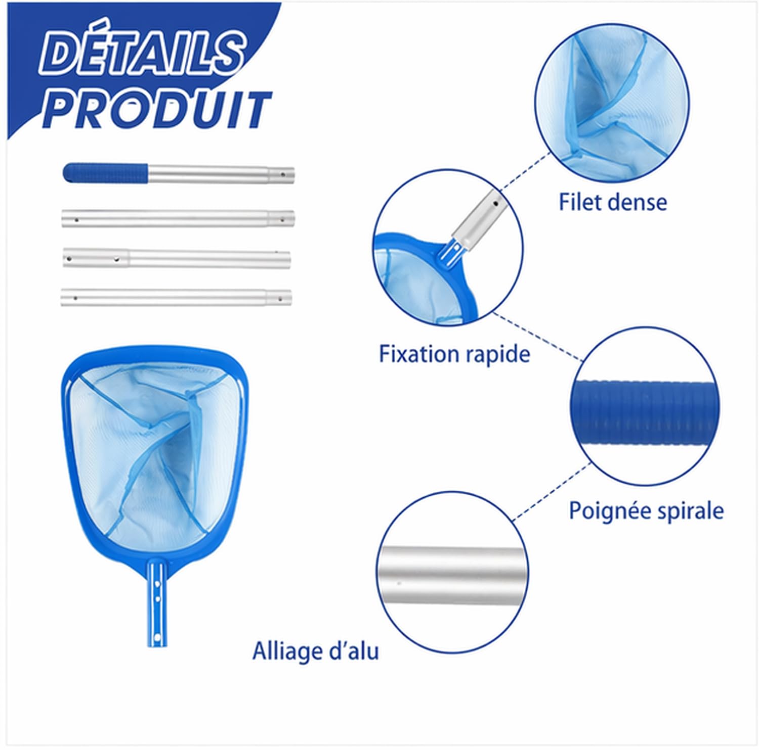 Kit Piscine Nettoyage Epuisette Piscine Maille Extra Fine avec 146cm Télescopique Réglable, Brosse de Piscine et Chiffons de Mettoyage pour étangs, Bains à remous, Pataugeoires