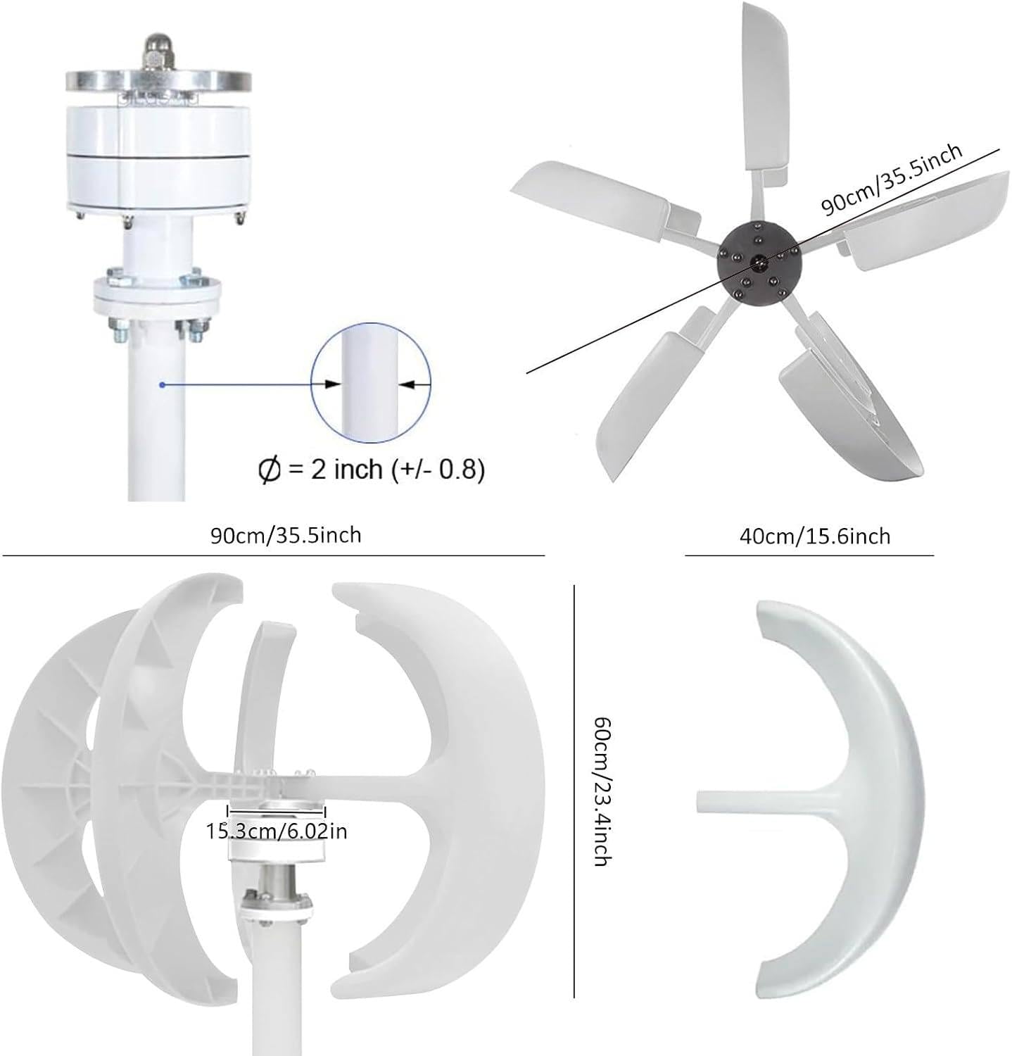 Kit Generatore Eolico Verticale, Turbina Eolica 12v/24v, Generatore Eolico per Casa, Barca, Generatore a Magnete Permanente Trifase AC 12V-5000W