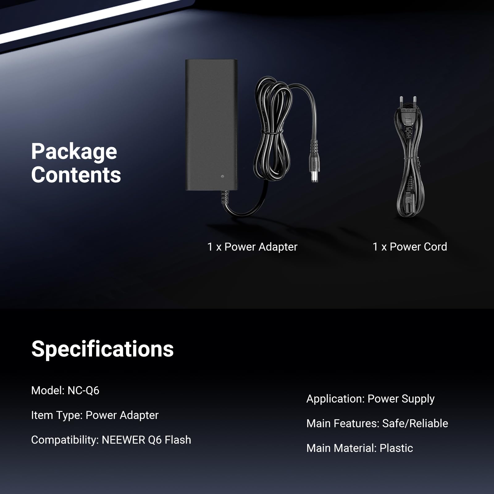 NEEWER Zasilacz i kabel sieciowy tylko do Q6 Flash Strobe, 100-240V, 50/60 Hz, zasilacza AC i kabla ładowania NC-Q6