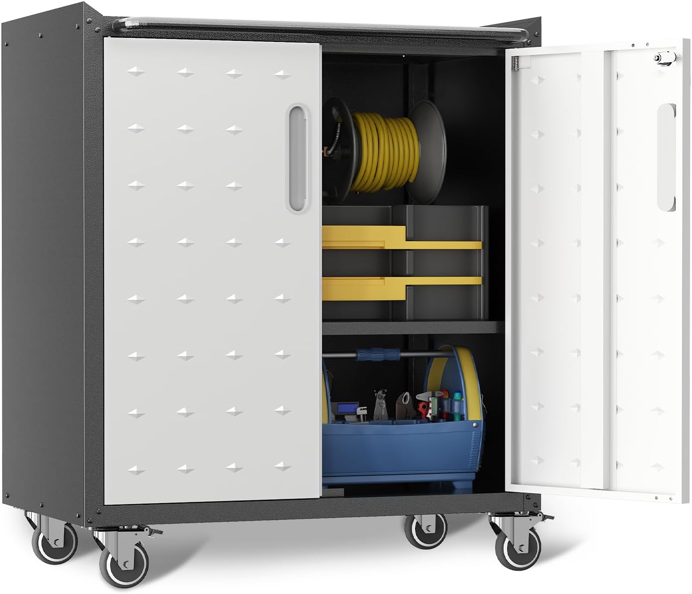 Garage Cabinets,Metal Garage Storage Cabinet with Wheels,Lockable Rolling Tool Cabinet with Drawer and Adjustable Shelves,Heavy Duty Tools Cabinet for Home Office Utility Room,Black/Grey