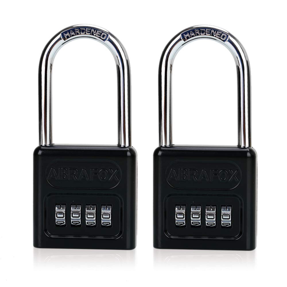 ABRAFOX Heavy Duty 4-Digit Set own Combination Locks Long Shackle Padlock black-2pack
