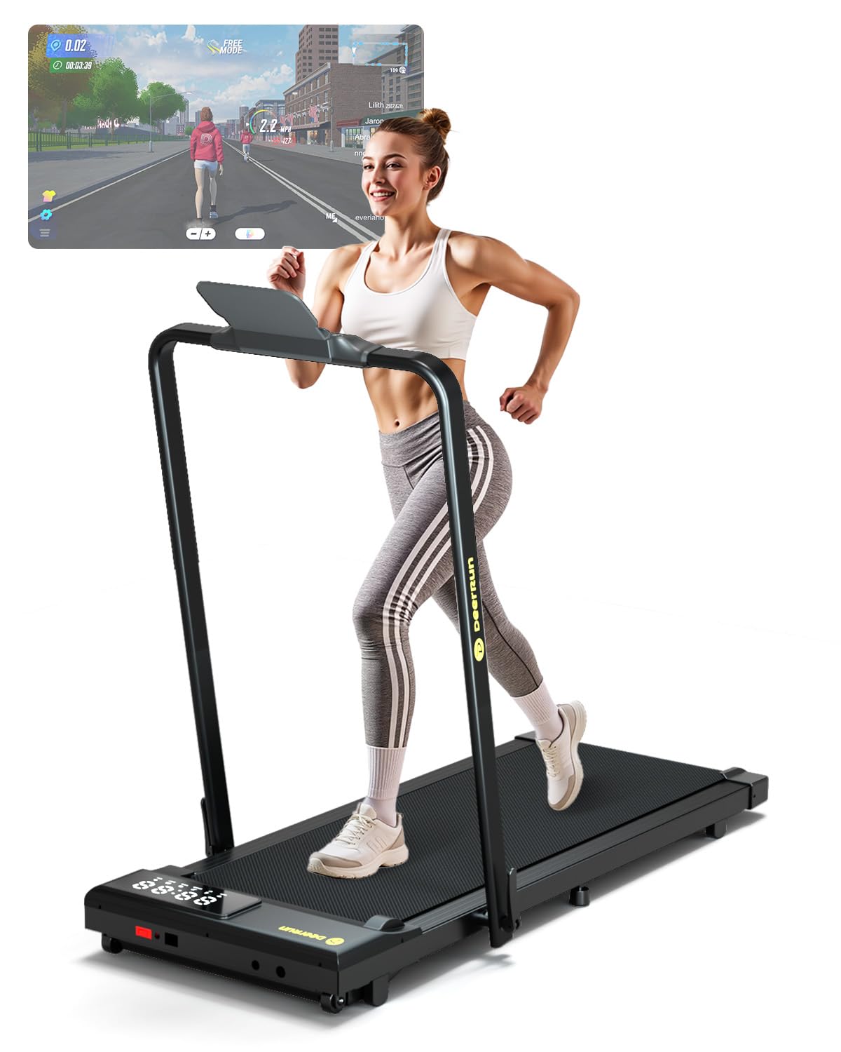 DeerRun Walking Pad Foldable with APP Control, Max 300 LBS Raceable Treadmill with Incline Suitable for High-tech Device, Under Desk Treadmill for Home with AI Training & Multi-Runner Races