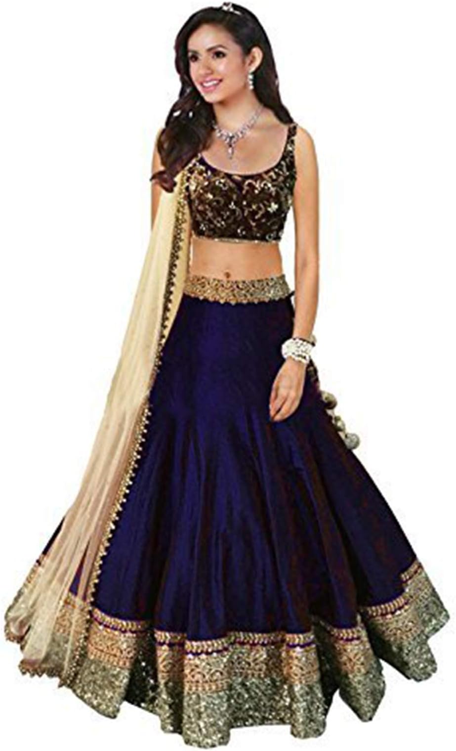 Florence Women's Silk Lehenga Choli (LG011-NEW_Navy Blue_Xx-Large)
