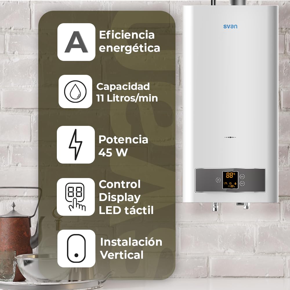 Svan Calentador Estanco SCE1100ADB. Instalación Vertical, 11l/min, 45W, baja emisión gas NOx, control táctil, Display LED, Temperatura max. 65º, Blanco, Eficiencia Energética Clase A