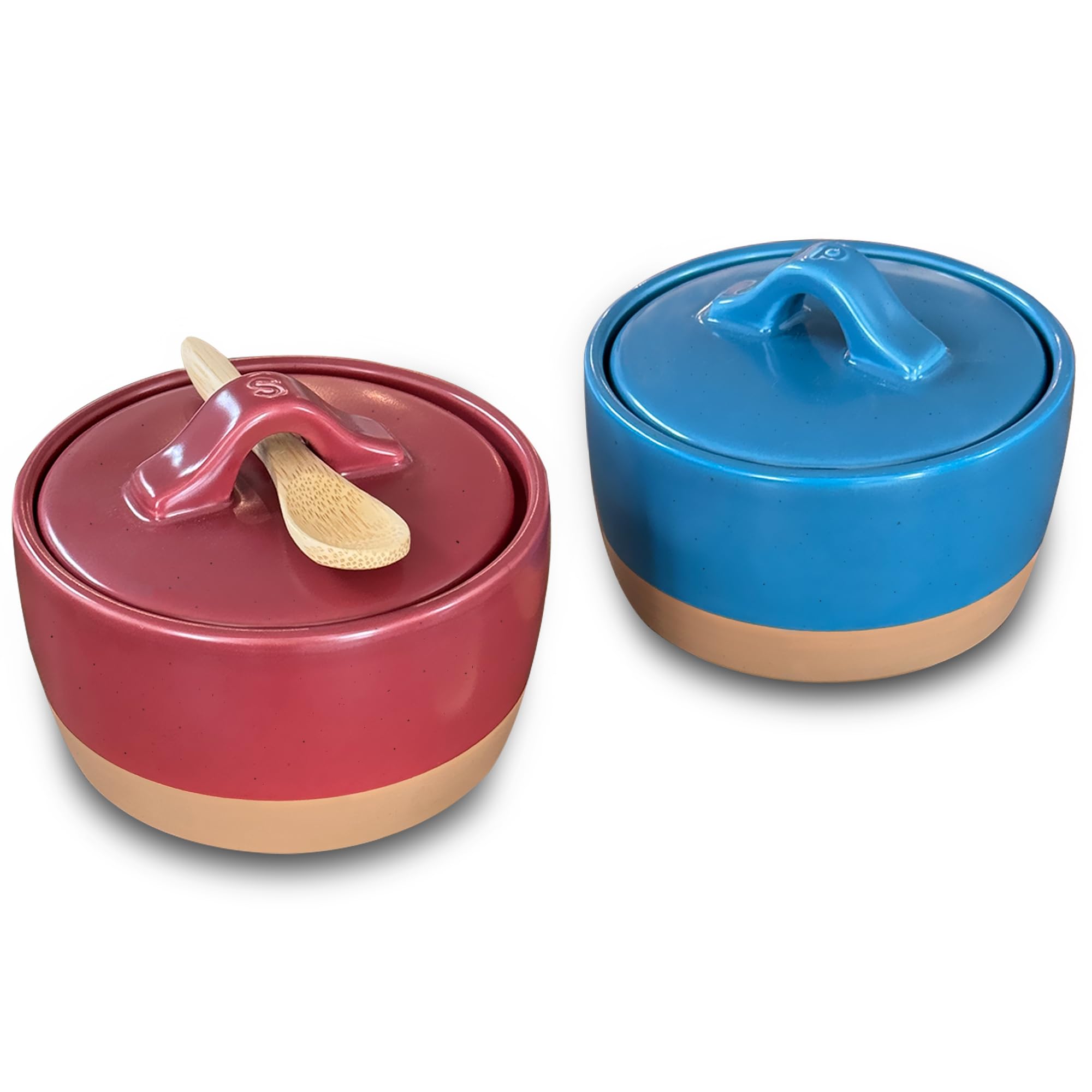 Mora Ceramic Salt and Pepper Cellar Set with Lid - 10 oz Modern Canister/Container/Bowl for Storage, Sea Salt, Spice, Sugar, Countertop - Small Dish/Jar with Wood Spoon, Azure Blue & Crimson Red Crock